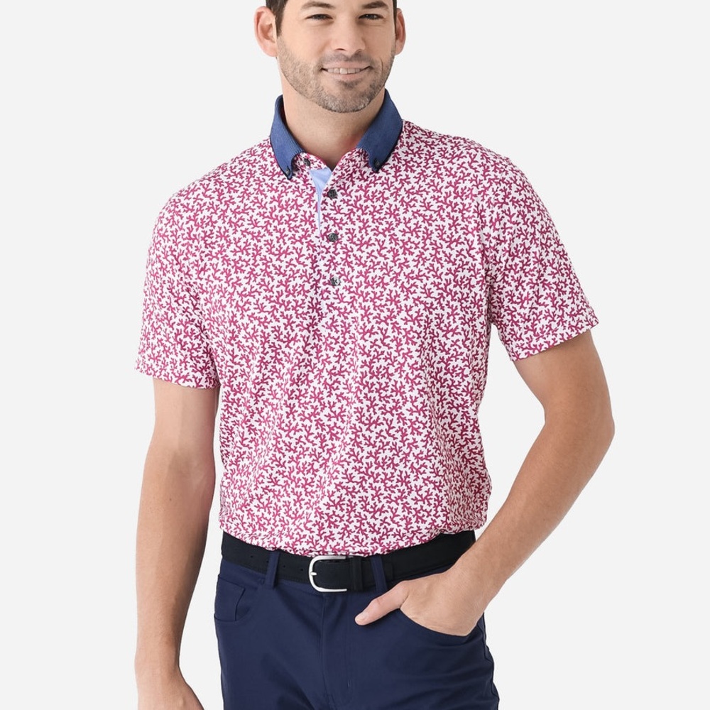 Greyson Coral Dreams II Golf Polo Shirt Pink Print Performance Size‎ L